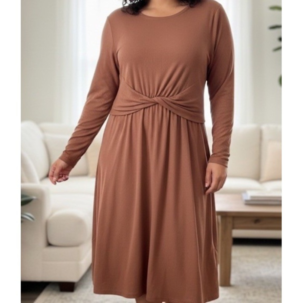24/7 Maurices 4X Ribbed Midi Dress Rust Tie Waist Long Sleeve Plus Size RN 51783
